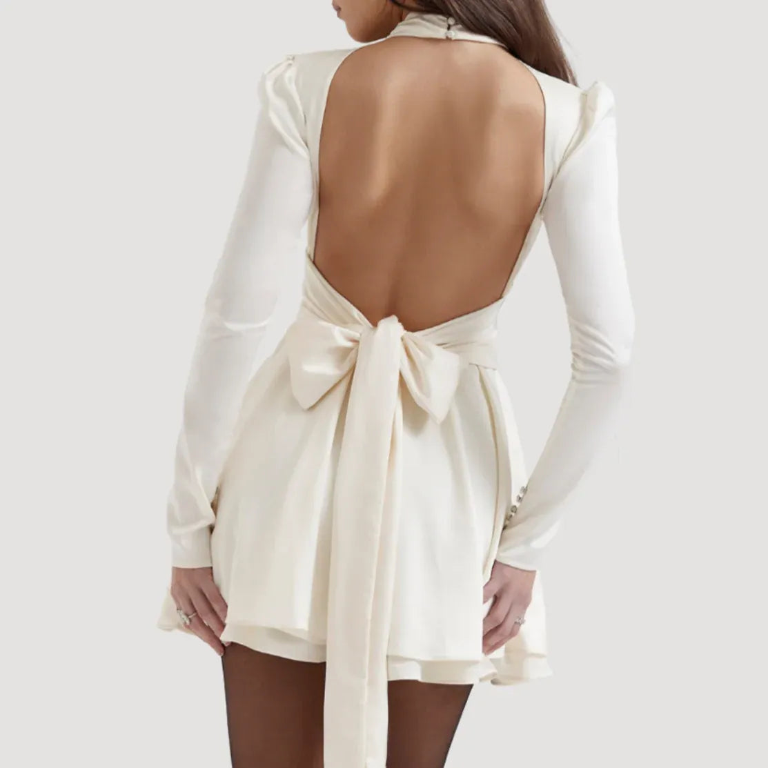 Sexy A-Line High-Neck Keyhole Cutout Bow-Back Satin Ivory Mini Homecoming Dress