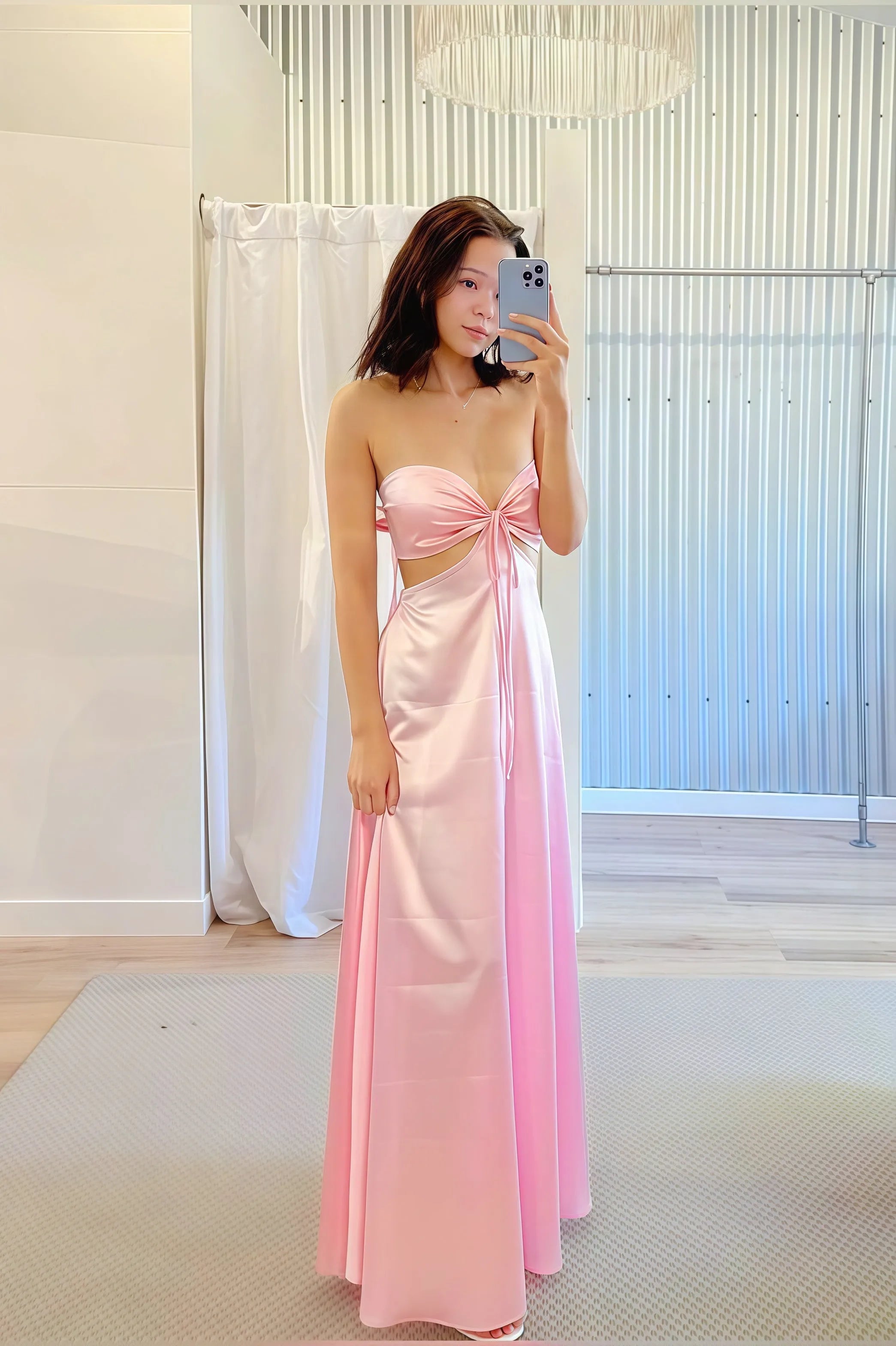 Sexy A-Line Strapless Bow Cutout Satin Blush Pink Floor-Length Prom Dress