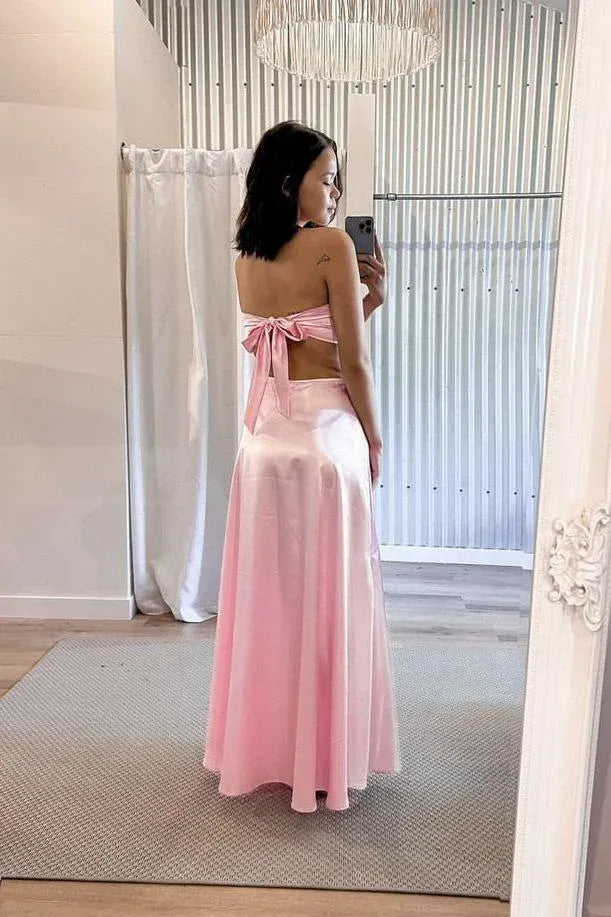 Sexy A-Line Strapless Bow Cutout Satin Blush Pink Floor-Length Prom Dress