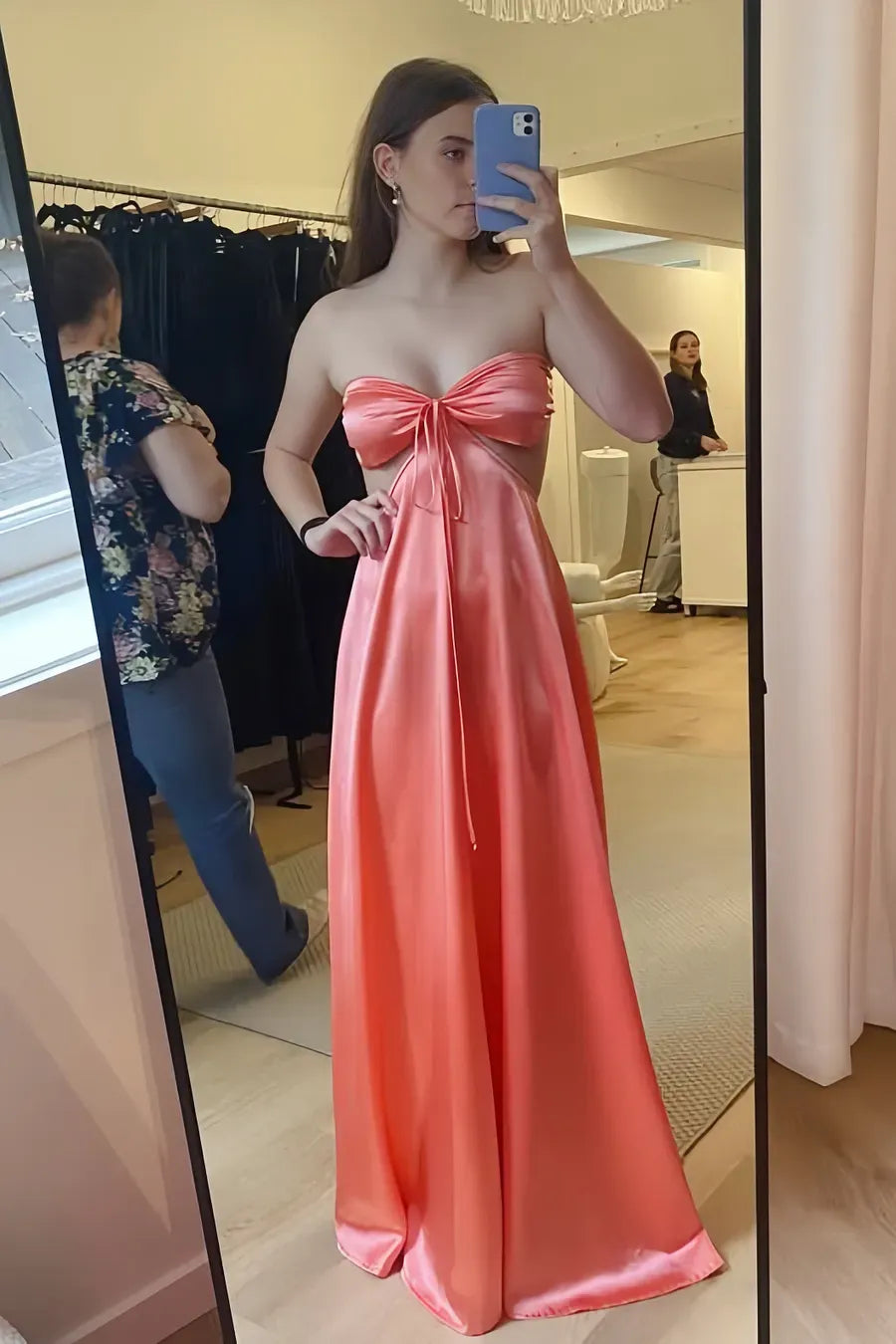Sexy A-Line Strapless Bow Cutout Satin Blush Pink Floor-Length Prom Dress