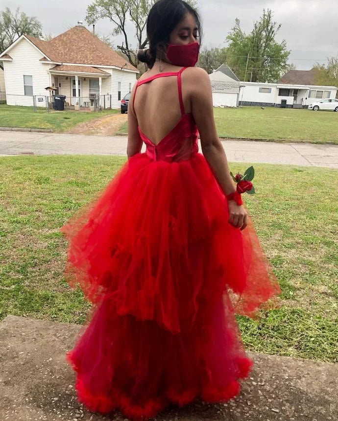 Sexy A-Line V-Neck 3D Floral Backless Tulle Red Long Prom Dress