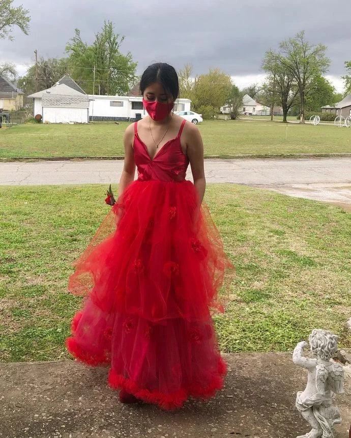 Sexy A-Line V-Neck 3D Floral Backless Tulle Red Long Prom Dress