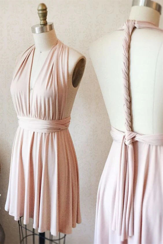 Sexy A-line Deep V-Neck Open Back Pink Short Bridesmaid Dress