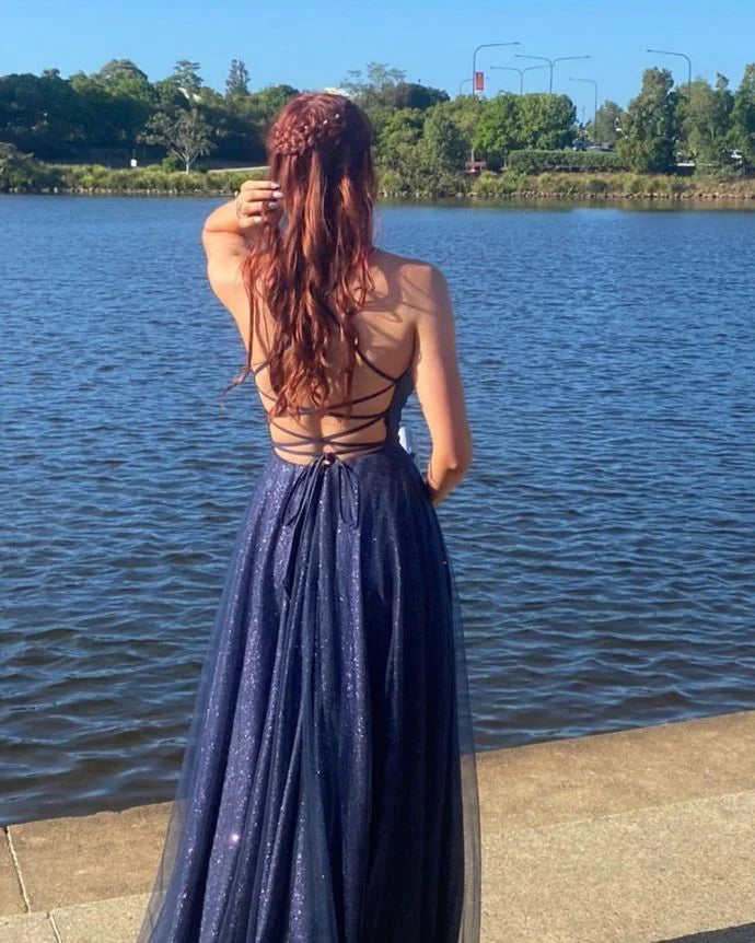Sexy A-line Deep V Neck Tulle Navy Blue Floor Length Prom Dress
