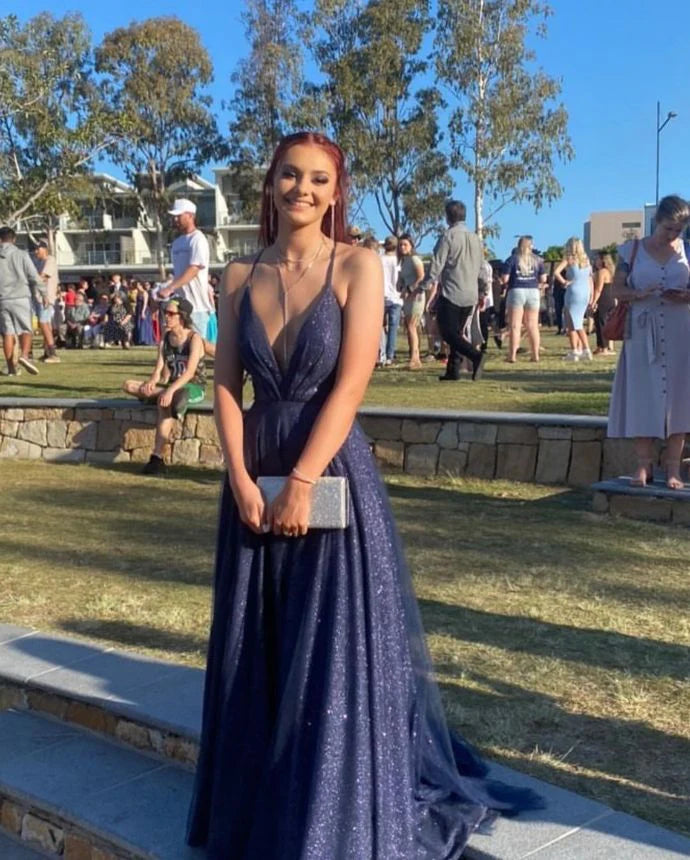 Sexy A-line Deep V Neck Tulle Navy Blue Floor Length Prom Dress