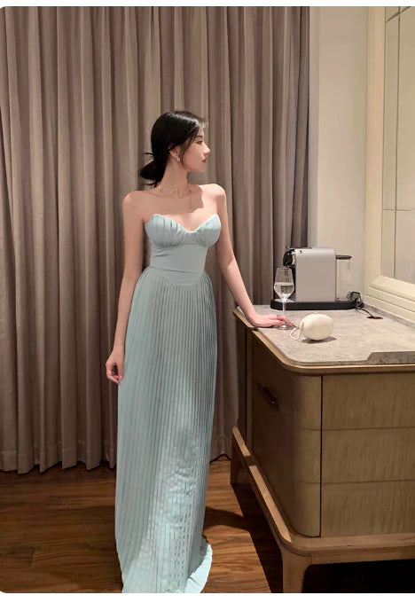 Sexy A-line Strapless Pleated Chiffon Blue Evening Dress Guest Dress