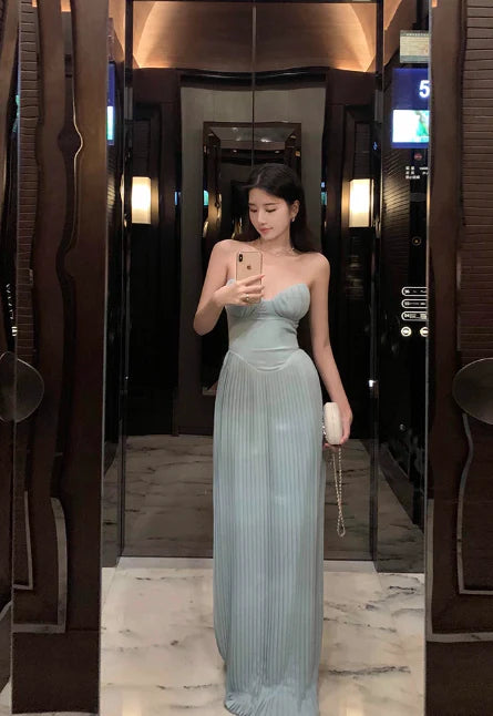 Sexy A-line Strapless Pleated Chiffon Blue Evening Dress Guest Dress