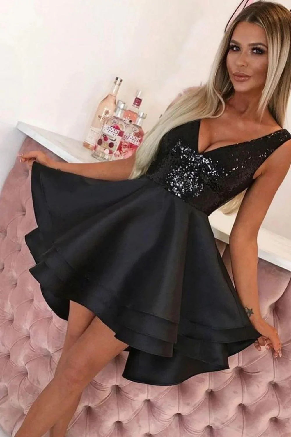 Sexy A-line V Neck Ruffle Tiered Sequin Top Black Homecoming Dress