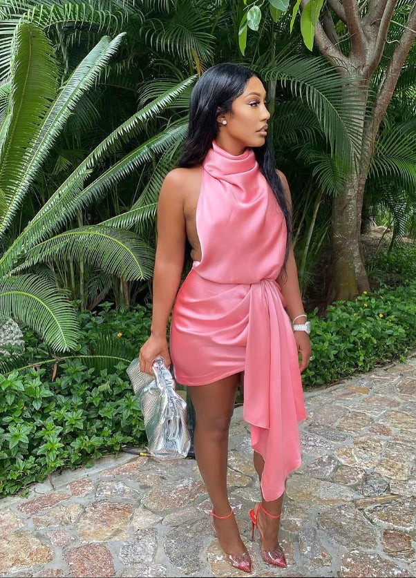 Sexy High Neck Satin Pink Short Homecoming Dress Party Dress With Streamer