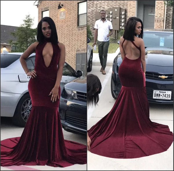Sexy Mermaid Cutout Open Back Velvet Burgundy Long Prom Dress