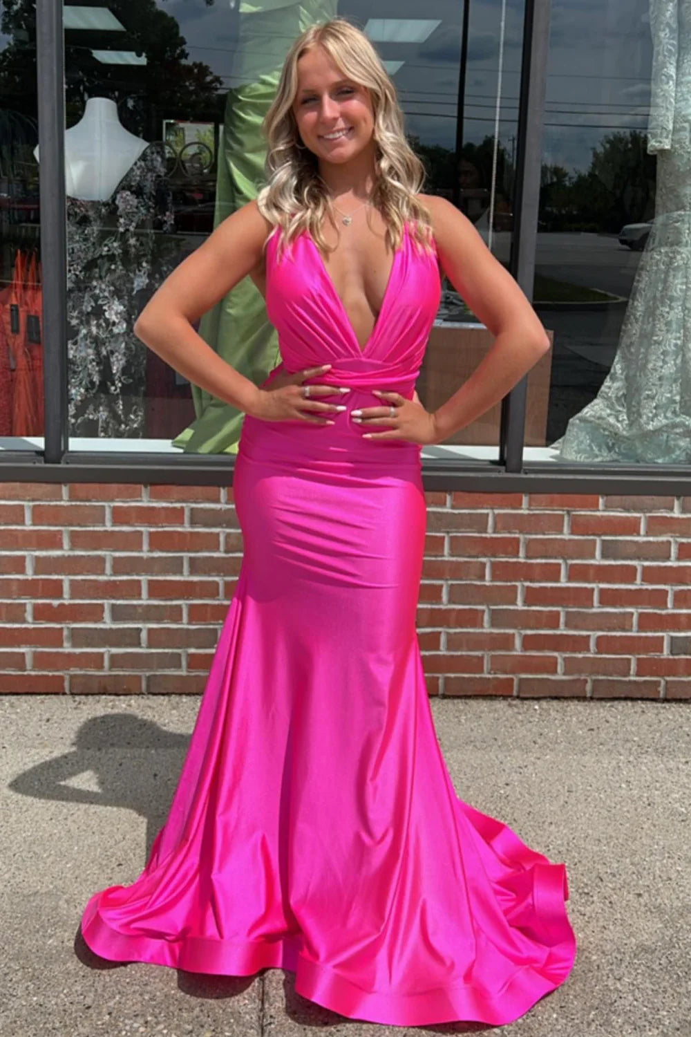 Sexy Mermaid Deep V-neck Backless Tie Hot Pink Prom Dress