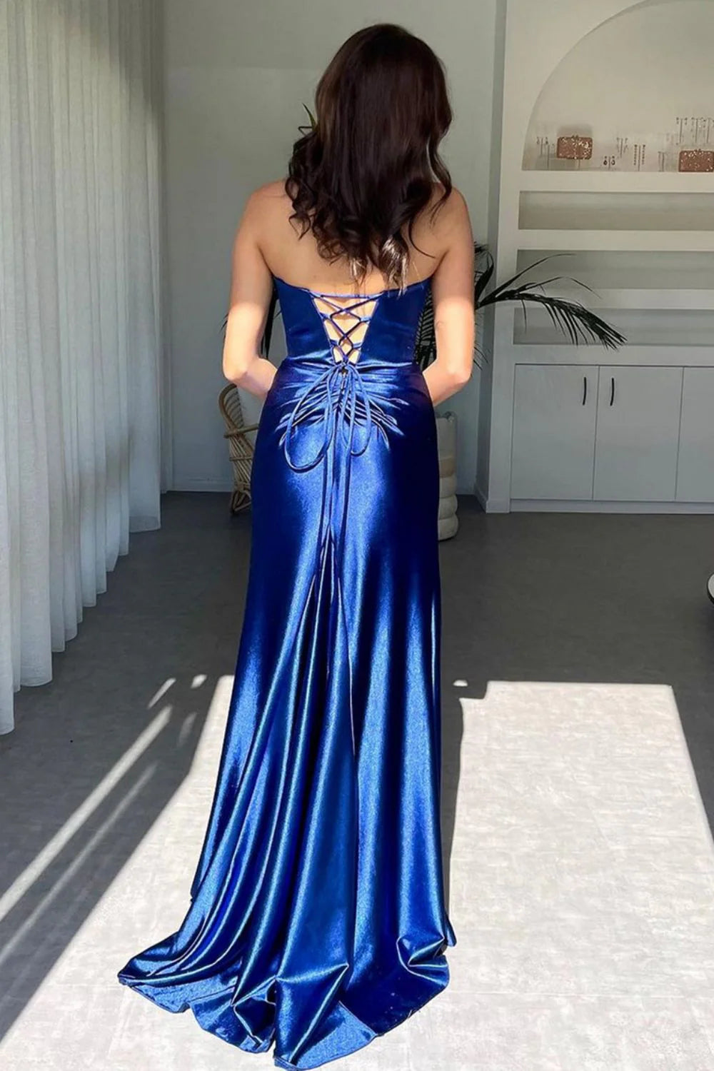 Sexy Mermaid Deep V Neck Criss Cross Back Royal Blue Long Prom Dress