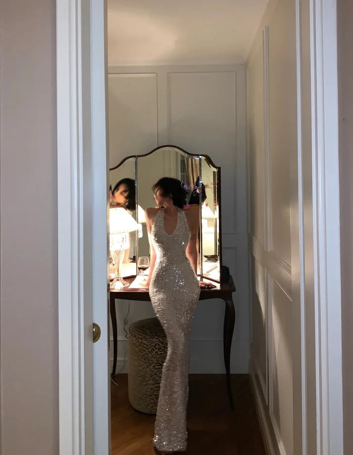 Sexy Mermaid Halter Backless Sequin Silver Floor Length Evening Dress