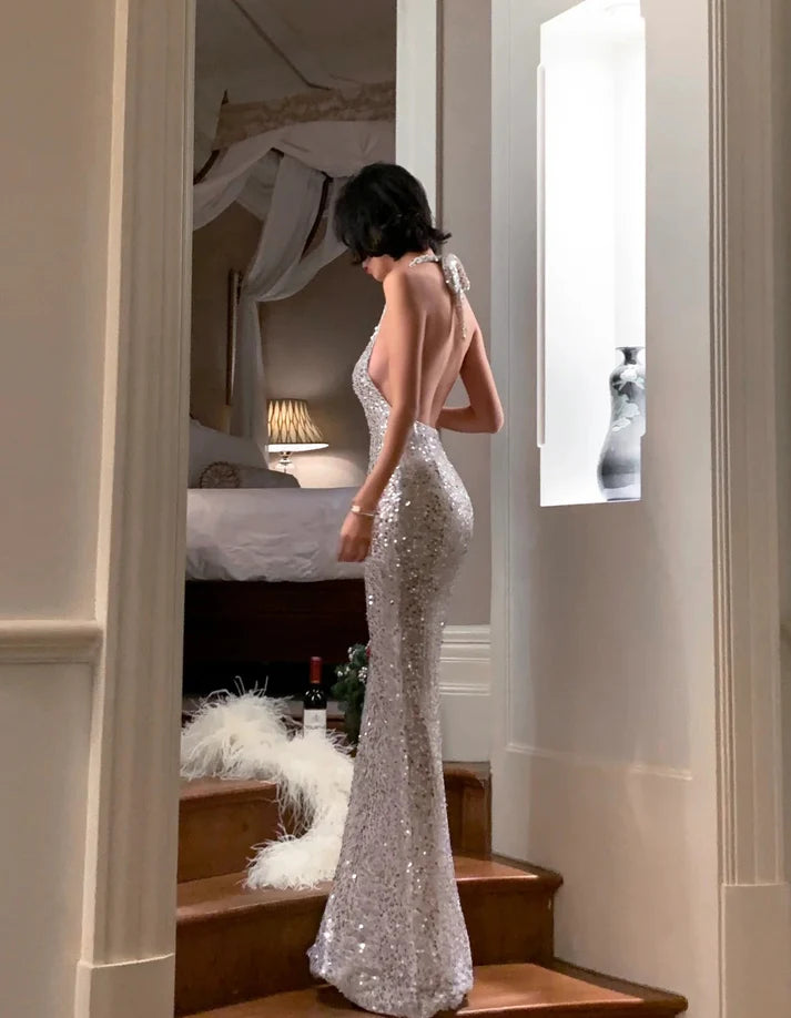 Sexy Mermaid Halter Backless Sequin Silver Floor Length Evening Dress