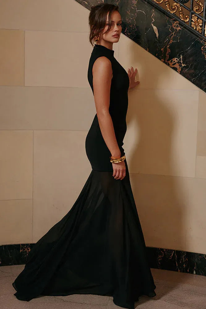 Sexy Mermaid High-Neck Sleeveless Keyhole Sheer Black Floor-Length Prom Dress
