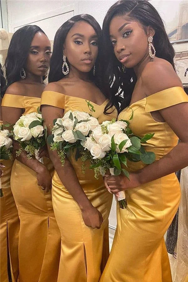 Sexy Mermaid Off Shoulder Gold Floor Length Bridesmaid Dresses With Side Slit