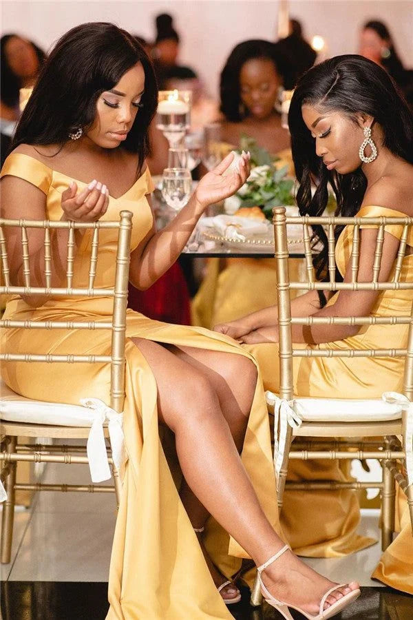 Sexy Mermaid Off Shoulder Gold Floor Length Bridesmaid Dresses With Side Slit