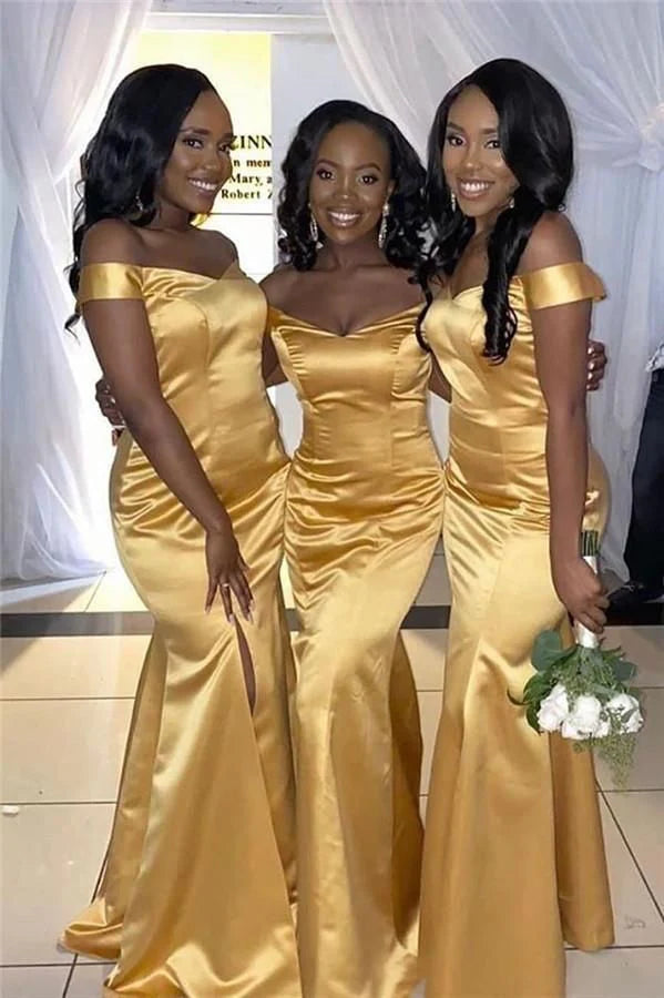 Sexy Mermaid Off Shoulder Gold Floor Length Bridesmaid Dresses With Side Slit