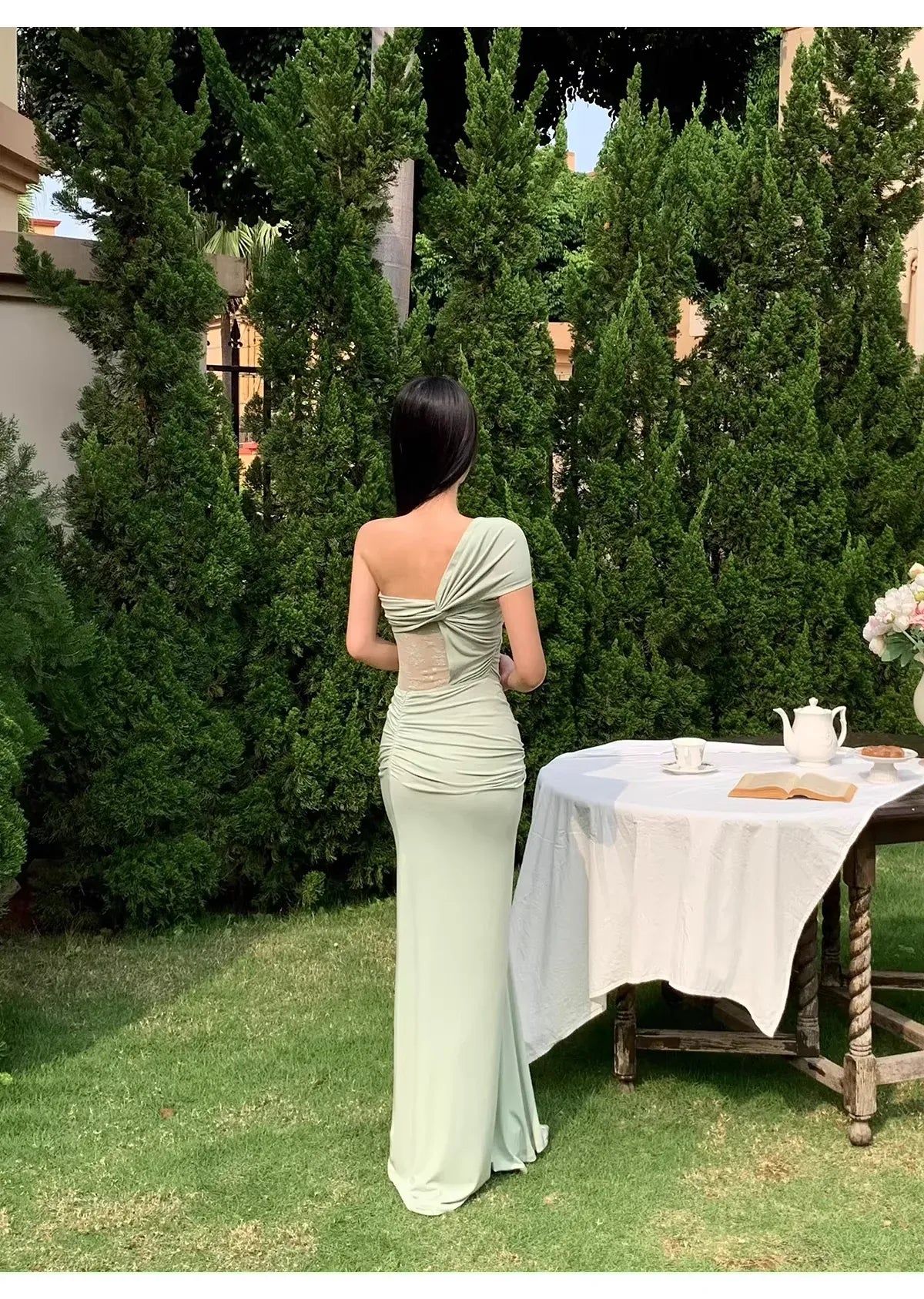 Sexy Mermaid One-Shoulder Ruched Sheer Lace Satin Sage Green Long Prom Dress