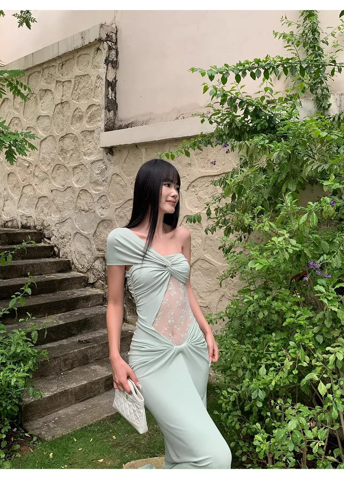Sexy Mermaid One-Shoulder Ruched Sheer Lace Satin Sage Green Long Prom Dress
