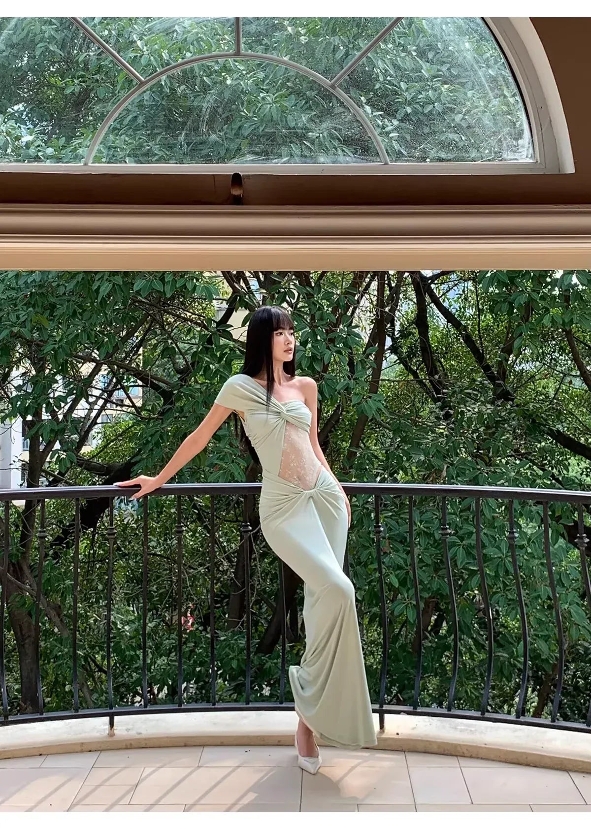 Sexy Mermaid One-Shoulder Ruched Sheer Lace Satin Sage Green Long Prom Dress