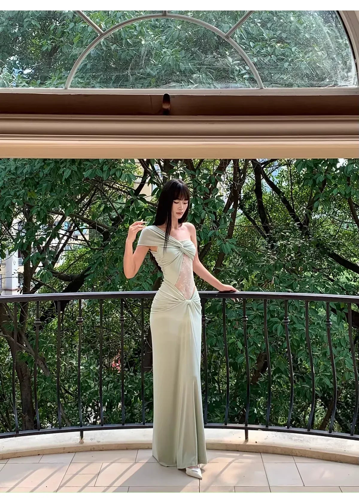 Sexy Mermaid One-Shoulder Ruched Sheer Lace Satin Sage Green Long Prom Dress