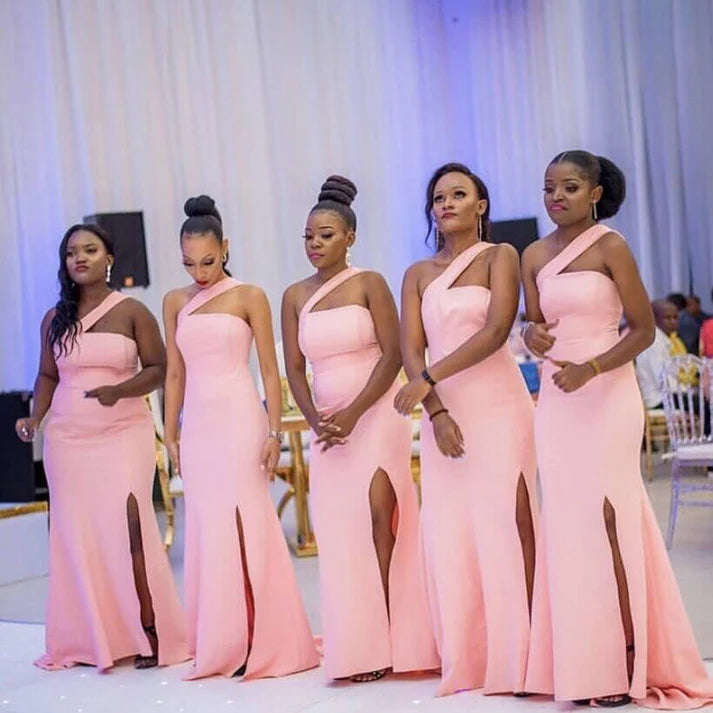 Sexy Mermaid One-Shoulder Satin Pink Floor Length Bridesmaid Dresses