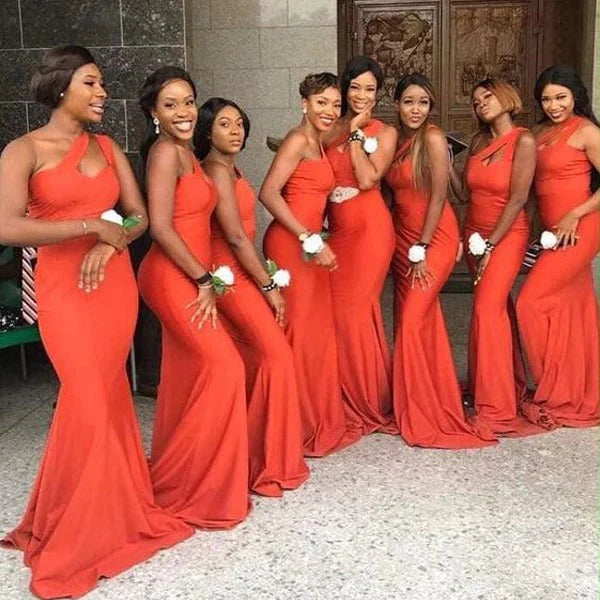 Sexy Mermaid One Shoulder Satin Orange Long Bridesmaid Dresses