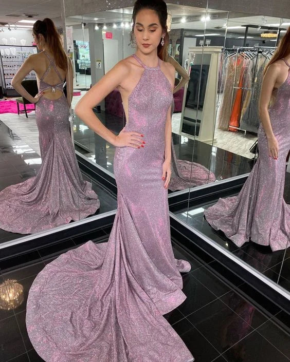 Sexy Mermaid Round Neck Sleeveless Prom Dress Evening Dress With Train