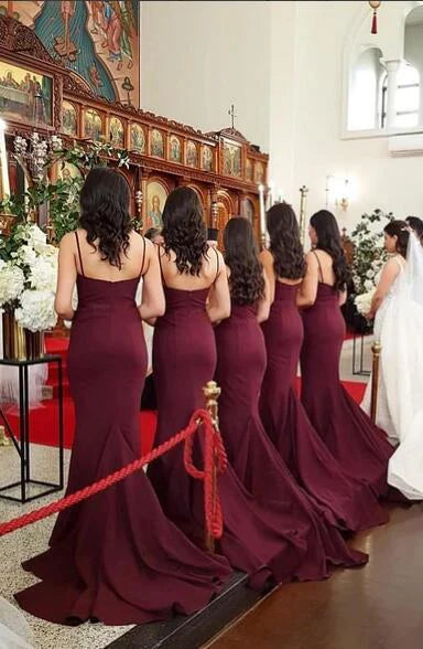 Sexy Mermaid Spaghetti Straps Backless Cabernet Long Bridesmaid Dress