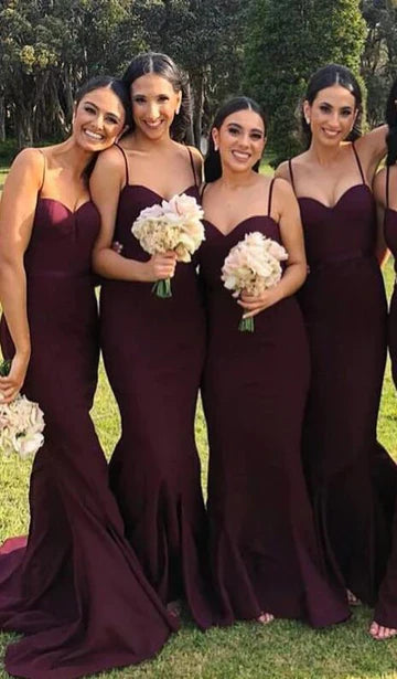 Sexy Mermaid Spaghetti Straps Backless Cabernet Long Bridesmaid Dress