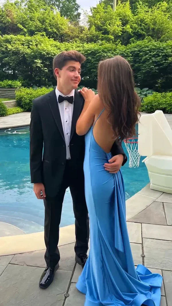 Sexy Mermaid Spaghetti Straps Backless Satin Blue Long Prom Dress