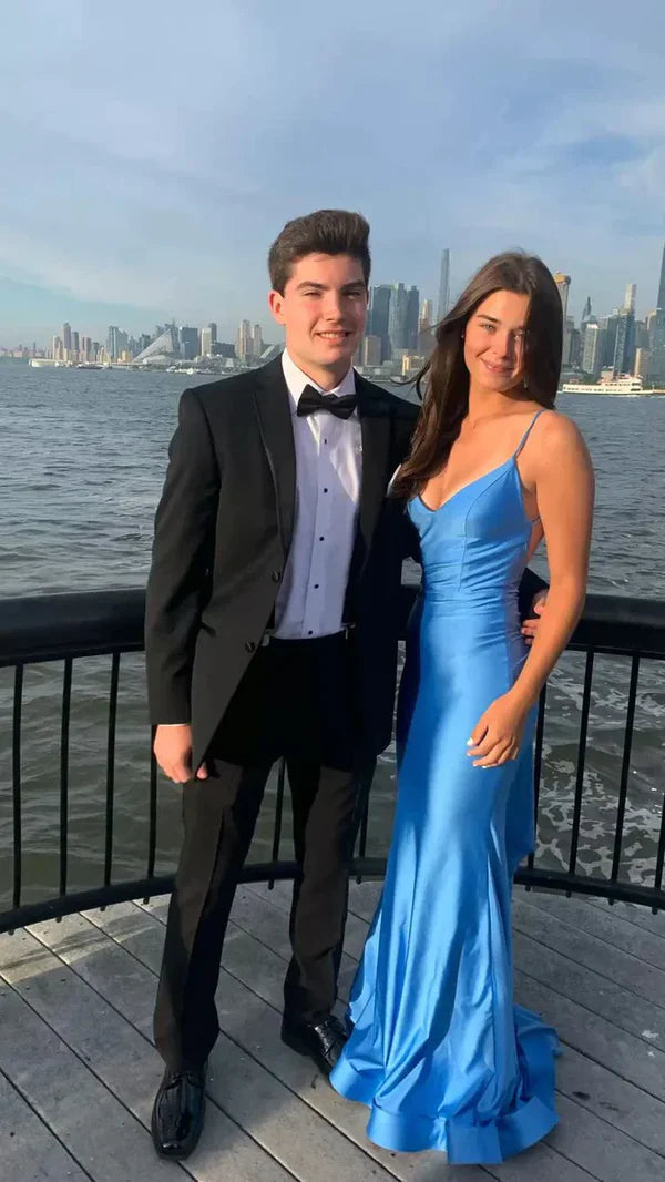 Sexy Mermaid Spaghetti Straps Backless Satin Blue Long Prom Dress