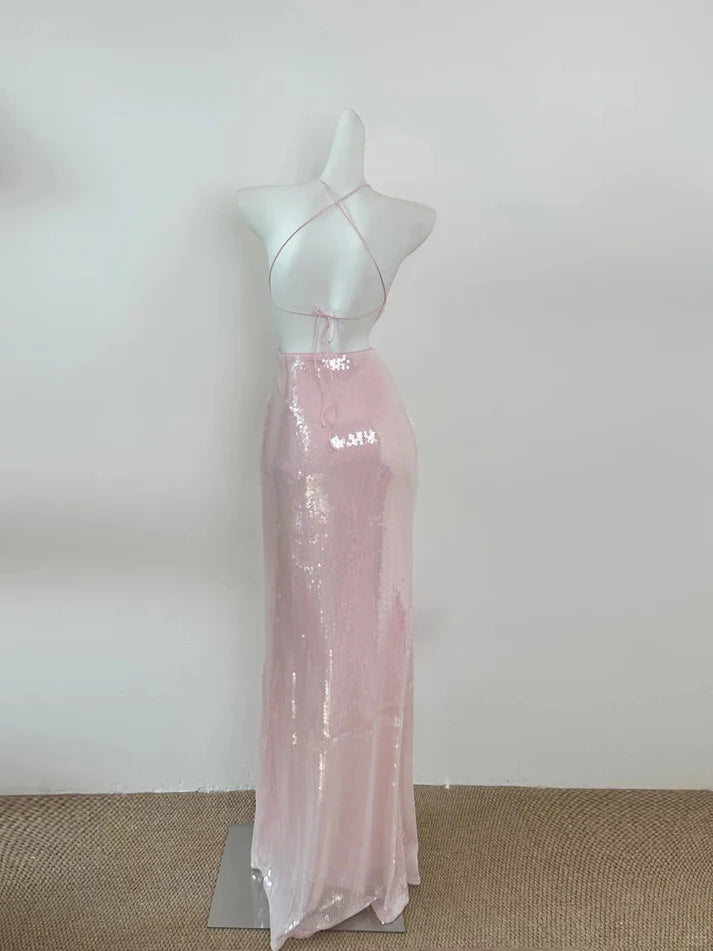 Sexy Mermaid Spaghetti Straps Double Backless Sequin Pink Long Party Dress