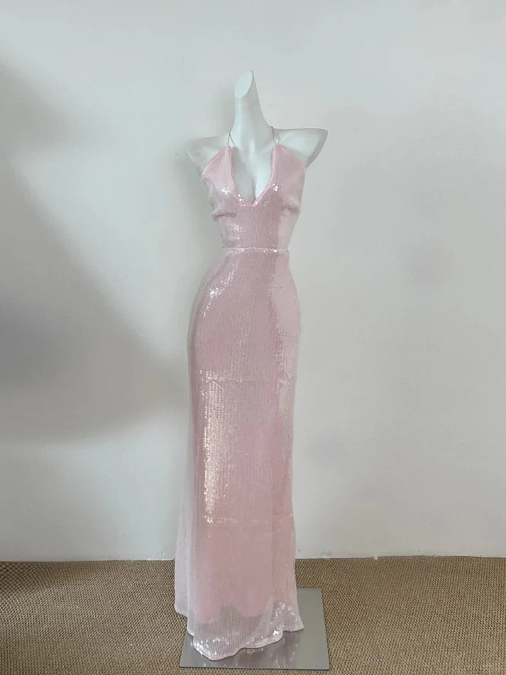 Sexy Mermaid Spaghetti Straps Double Backless Sequin Pink Long Party Dress