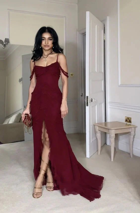 Sexy Mermaid Spaghetti Straps Sleeveless Open Back Sweep/Brush Train Prom Dresses