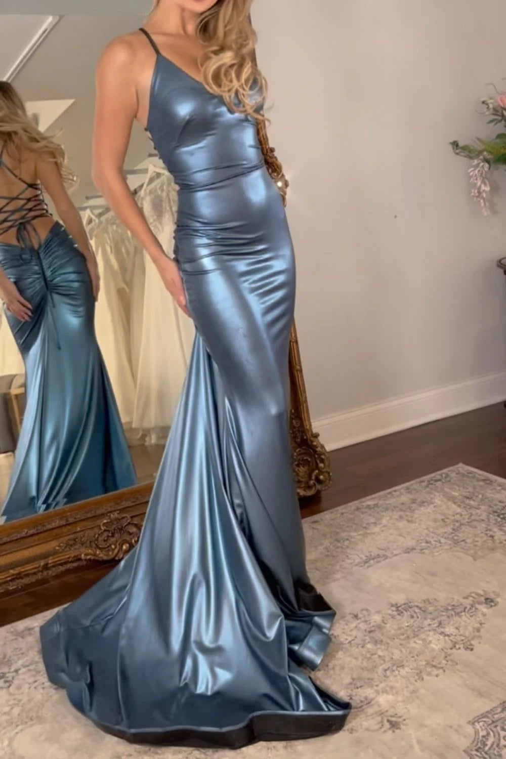 Sexy Mermaid Spaghetti Straps Steel Grey Prom Dress With Train Custom