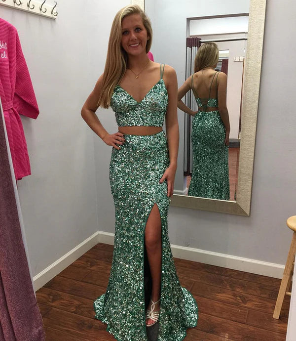 Sexy Mermaid Two Piece V-Neck Sequins Long Prom Dress With Slit