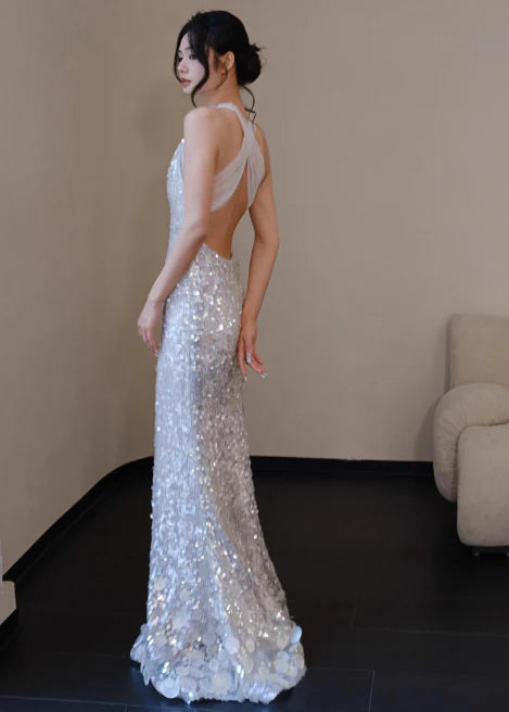 Sexy Mermaid V Neck Open Back Sequin White Prom Dresses Evening Dresses