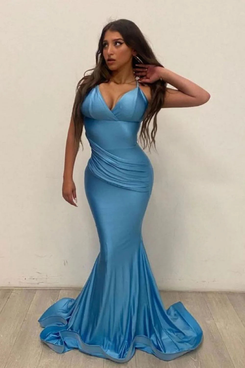 Sexy Plus Size Mermaid V Neck Pleated Satin Blue Long Evening Dress