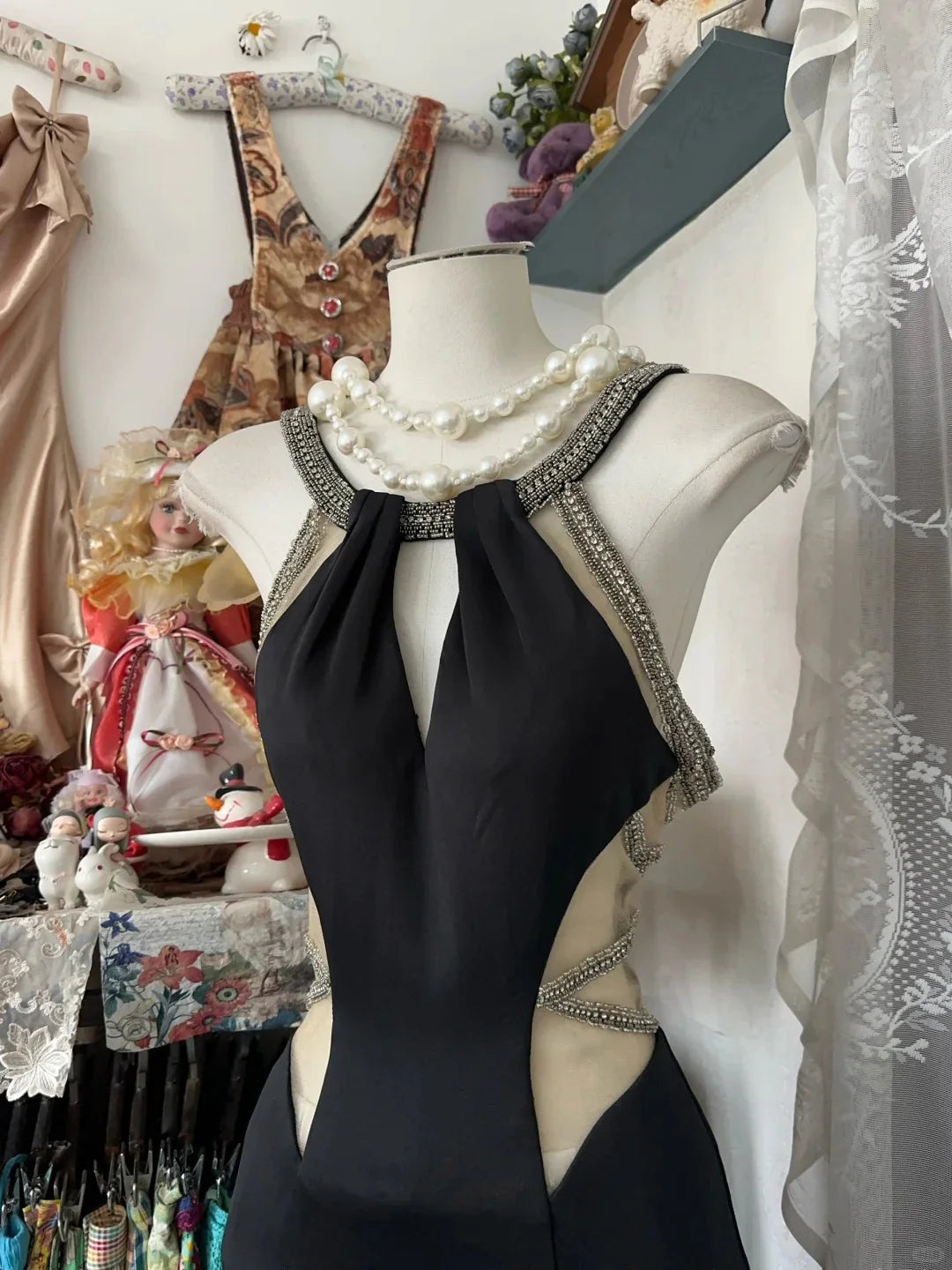 Sexy Round Neck Rhinestones Cutout Black Long Evening Dress Prom Dress