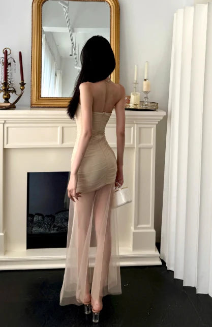 Sexy Sheath Off-the-shoulder Sheer Tulle Light Champagne Evening Dress