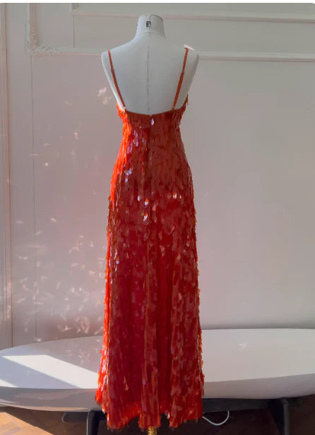 Sexy Sheath Spaghetti Straps Sequin Burgundy Long Prom Dress Evening Dress