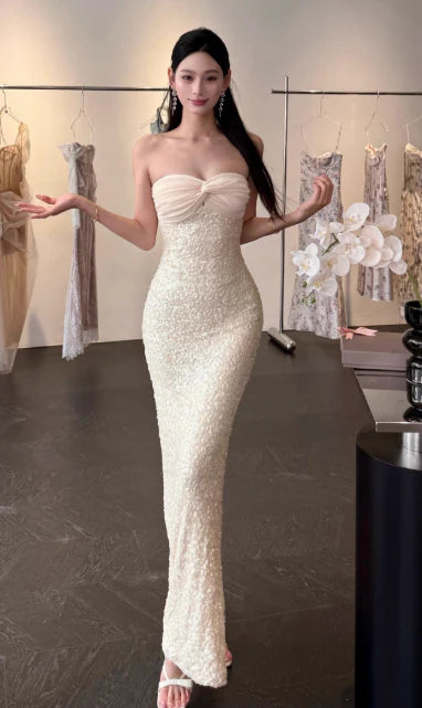 Sexy Sheath Strapless Sequins Light Champagne Long Evening Dresses