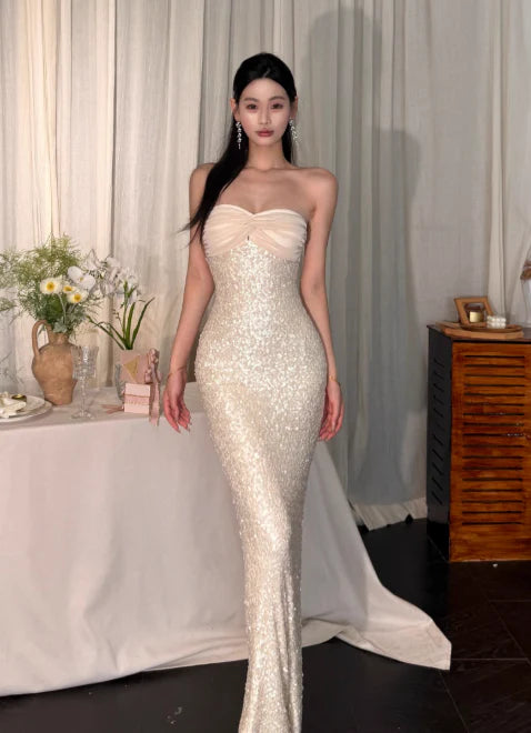 Sexy Sheath Strapless Sequins Light Champagne Long Evening Dresses