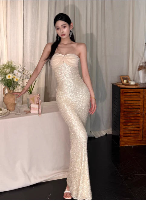 Sexy Sheath Strapless Sequins Light Champagne Long Evening Dresses