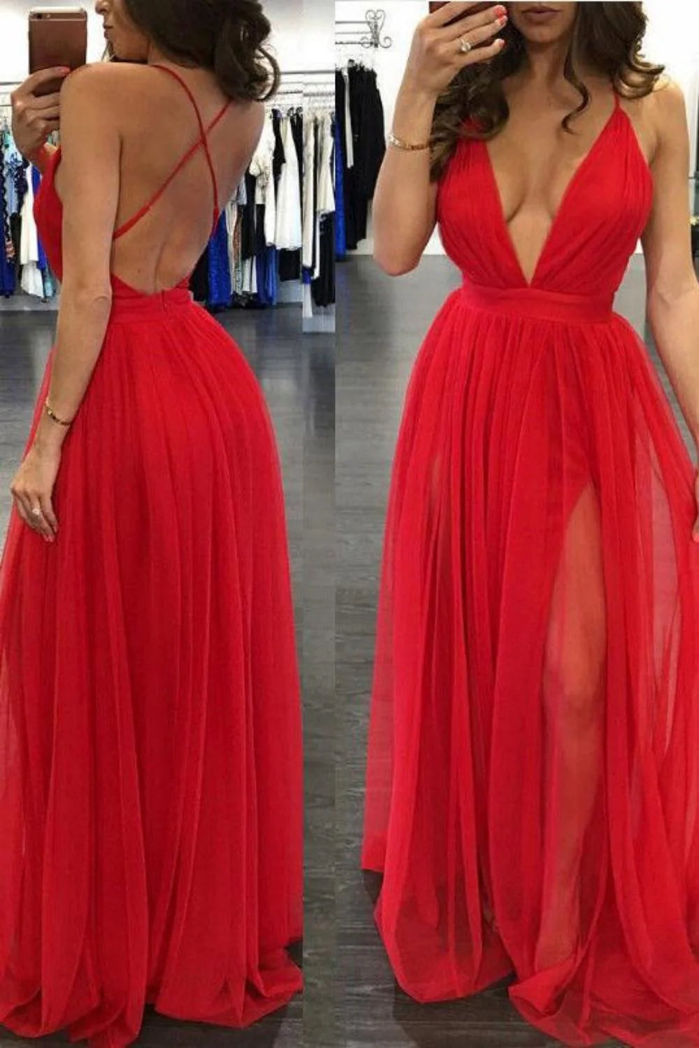 Sexy Spaghetti Straps Pleated Backless Red Long Prom Dress
