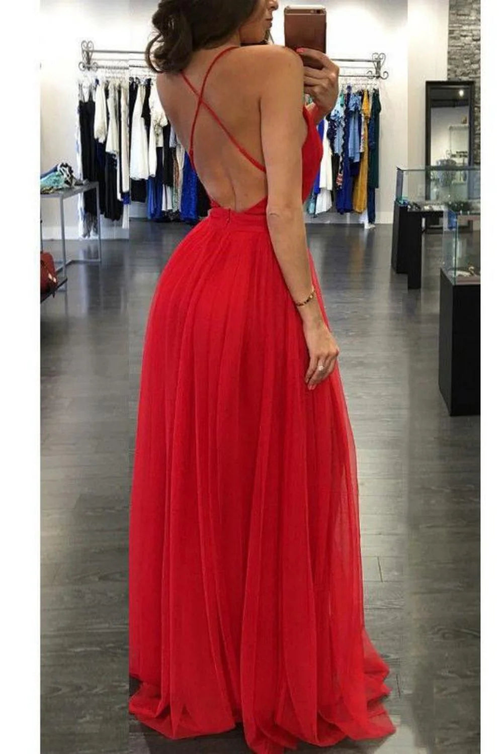 Sexy Spaghetti Straps Pleated Backless Red Long Prom Dress