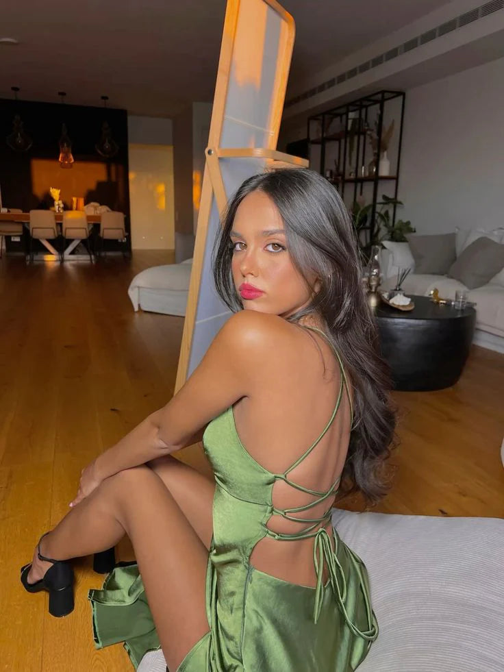 Sexy Spaghetti Straps Satin Green Long Prom Dress Evening Dress With Split
