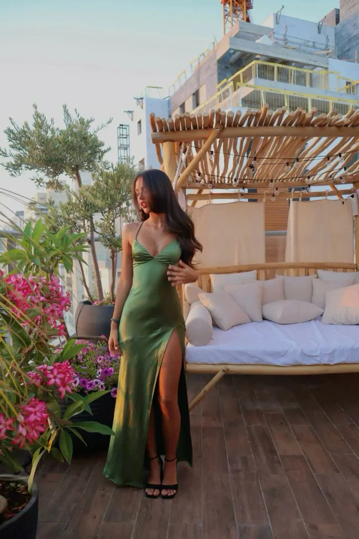 Sexy Spaghetti Straps Satin Green Long Prom Dress Evening Dress With Split